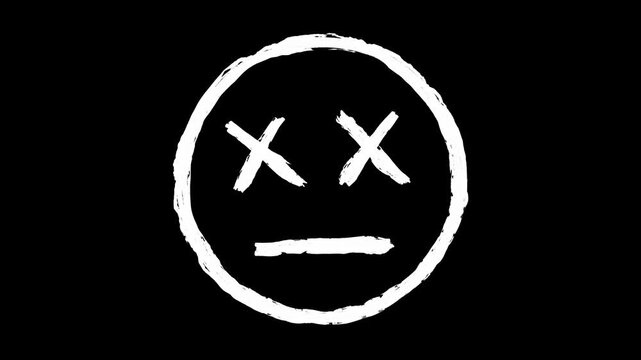 Dead face hand drawn animation, x eyes cross emoji loop, isolated dead face emoticon, chalk sketch animated illustration, spooky expression motion, cartoon scene