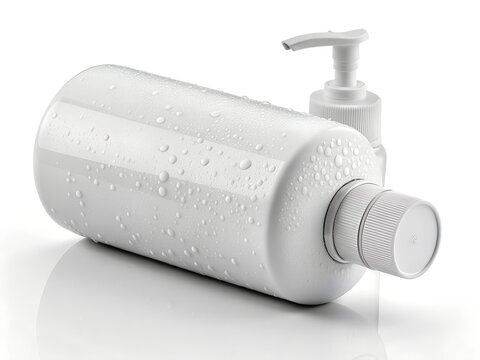 Blank White Plastic Pump Bottle 250ml with Water Droplets on White Background, Lotion Body Wash Container Mockup for Skincare Spa Product
