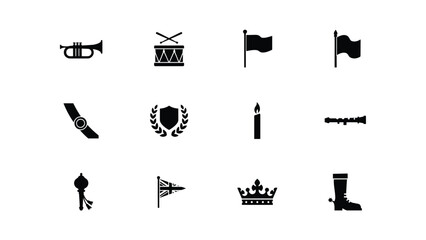 Fototapeta premium Coronation day symbols black silhouette icons set isolated on white background flat vector illustration.