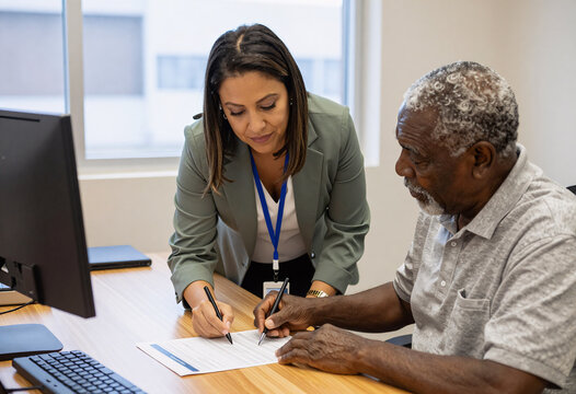 Social worker assisting elderly African man with benefits form