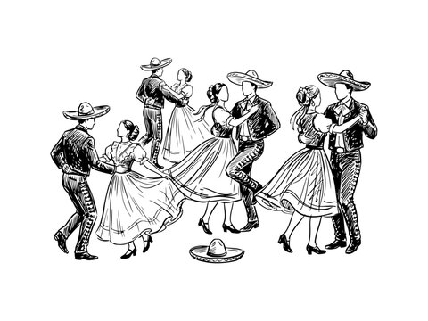 Hand-drawn black and white sketch of couples performing the traditional Mexican Jarabe Tapatio folk dance in charro outfits and sombreros.