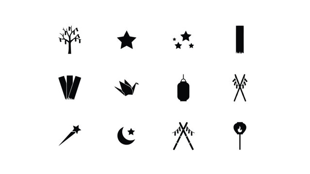 Set of minimalist black icons representing traditional japanese tanabata festival elements.