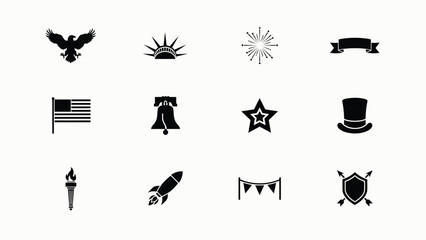 Obraz premium Patriotic icon set featuring flags liberty bells banners stars and rockets for holidays.