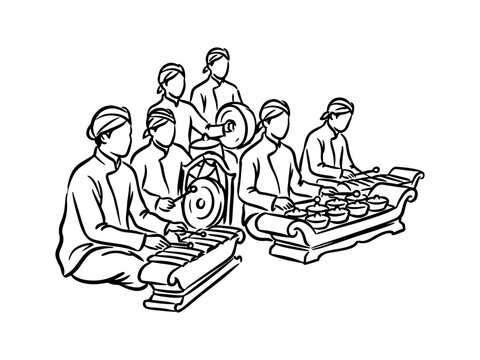 Hand-drawn black and white sketch of Indonesian musicians playing traditional gamelan instruments like gongs and metallophones in Javanese ethnic attire.