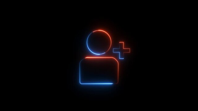 Glowing profile add user icon animation on black background .Looped Neon Lines abstract contact with add friend icon animation plus sign add member head face people man profile animated ...