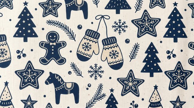 Repeating pattern of Scandinavian holiday and winter symbols on a light textured background