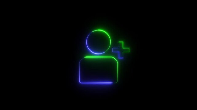 Glowing profile add user icon animation on black background .Looped Neon Lines abstract contact with add friend icon animation plus sign add member head face people man profile animated ...