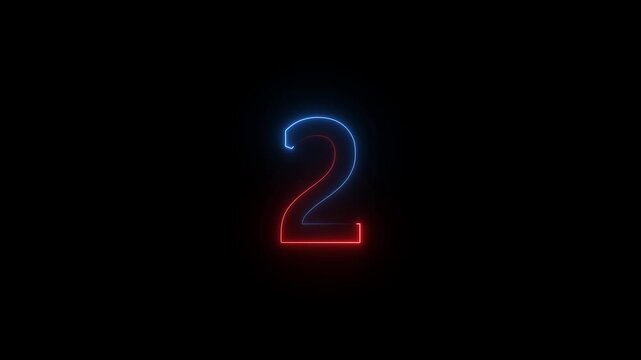 glowing neon text 2 number countdown icon animation on black background.