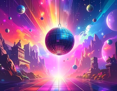 A vibrant, futuristic scene with a disco ball and celestial bodies
