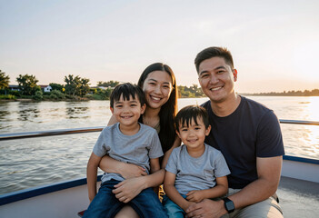 Fototapeta premium Happy Family on Riverboat at Sunset