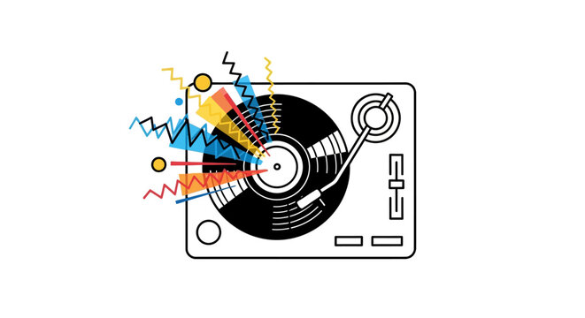 Vector illustration of a turntable with colorful sound waves