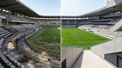 Fototapeta premium Comparison of a dilapidated, old football stadium with a modern, pristine sports arena showcasing renovation effects and