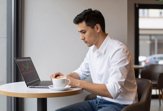 Entrepreneur checking stock market graphs in modern cafe