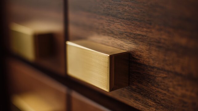 brushed brass furniture hardware against rich dark walnut wood, refined luxury interior detail, elegant material contrast, warm directional lighting