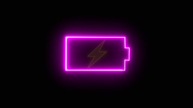 Glowing neon battery icon animation with red lightning blinking bolt on black background.