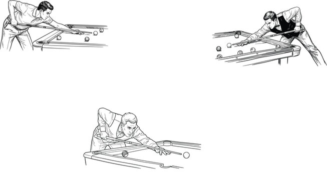 Billiard pool player sketch vector collection featuring vintage line art men aiming cue sticks isolated on white background