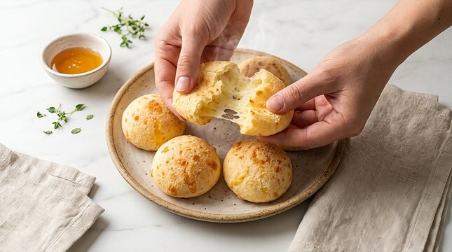 A close-up shot of hands breaking apart a warm, golden Brazilian cheese bread, pao de queijo, revealing its soft interior. Served on a rustic plate with a small bowl of honey.