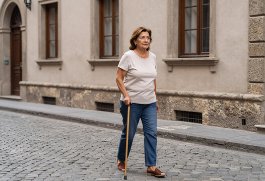 Latina Woman Crossing Street with Cane in Old European Town