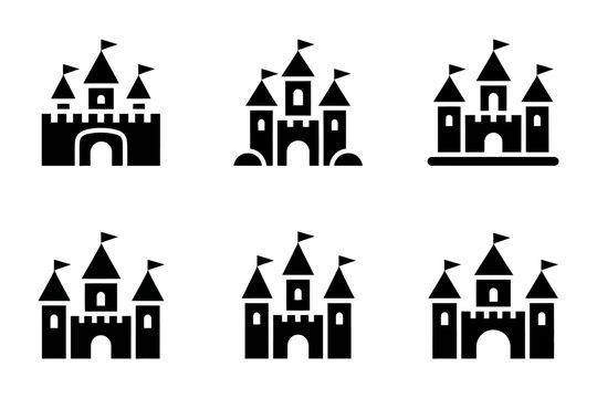 Vector of six black castle icons with flags flying high