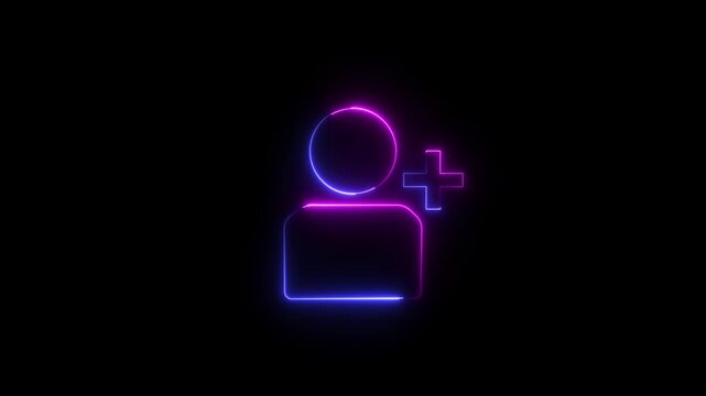 Glowing profile add user icon animation on black background .Looped Neon Lines abstract contact with add friend icon animation plus sign add member head face people man profile animated ...