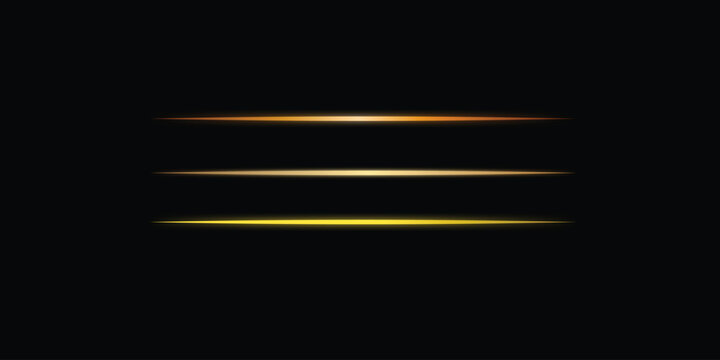 Golden glowing thin straight line divider on dark background for poster, banner design. gold line separator
