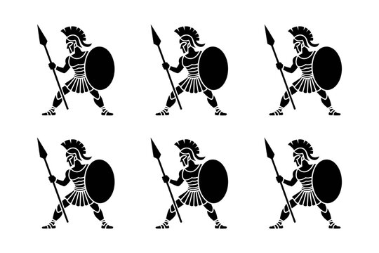 Vector of six ancient greek warriors in a row, each holding a spear and shield.