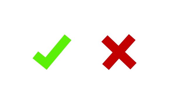 Animated green check mark and red cross symbols with brush stroke texture 4k video. Approval badge, checklist, done, warning, yes or no, and green tick sign animation