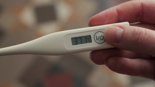 Close-up of hands holding a digital thermometer displaying a body temperature of 37.1 on the screen. Concept of health monitoring and fever check. High quality 4k footage