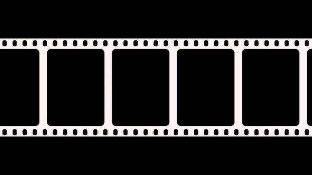 Retro negative film strip 4k animation sliding diagonally on a dark black background with blank white square frames for media