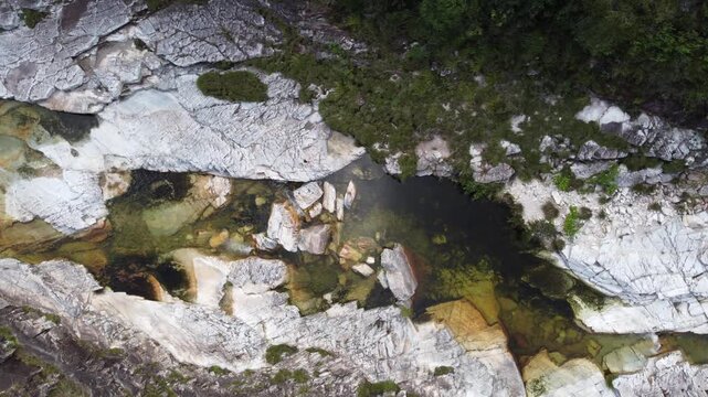 Aerial views of the natural pools at Capivara Waterfall, Serra da Canastra, Brazil, showcasing crystal-clear waters, unique rock formations, pristine tropical landscapes, and untouched natural beauty.