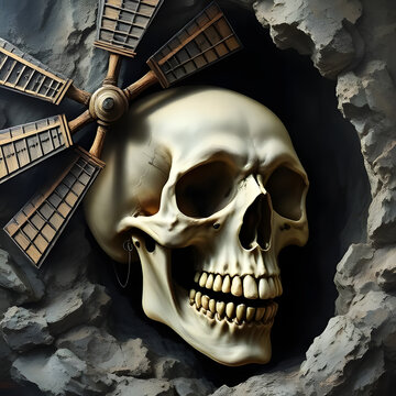 surreal dark art concept with a human skull inside a stone wall hole and wooden windmill blades