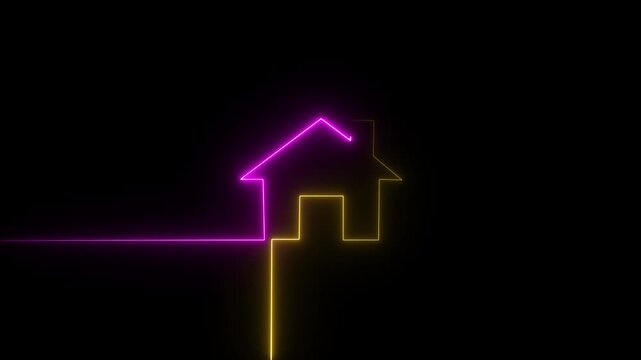 Neon line home icon. Neon line Cool linear animated home icon. House icon glowing neon light on black background.