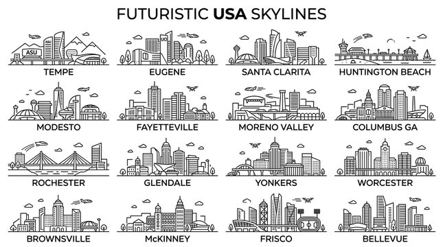 Minimal Black Futuristic USA City Skyline Collection &ndash; Modern American Urban Landmark Silhouette Set