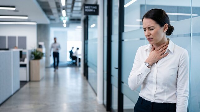 Businesswoman holding sore throat in office suffering from illness or allergy