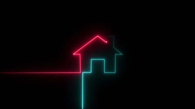 Neon line home icon. Neon line Cool linear animated home icon. House icon glowing neon light on black background.