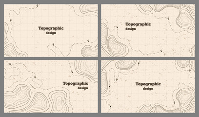 Vector illustration. Topographic map concept. Set of minimal panoramic banners with retro graphics, marks, and trails. Line art pattern design on textured paper. Design for web banner, presentation © VVadi4ka
