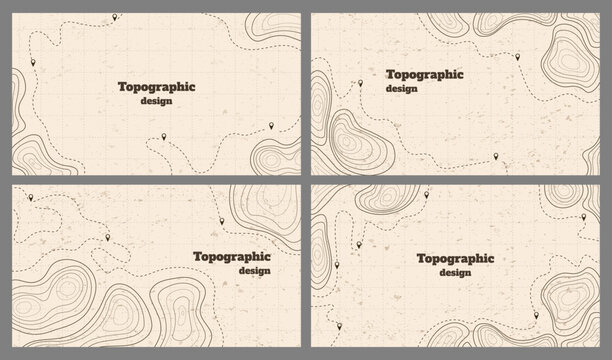 Vector illustration. Topographic map concept. Set of minimal panoramic banners with retro graphics, marks, and trails. Line art pattern design on textured paper. Design for web banner, presentation