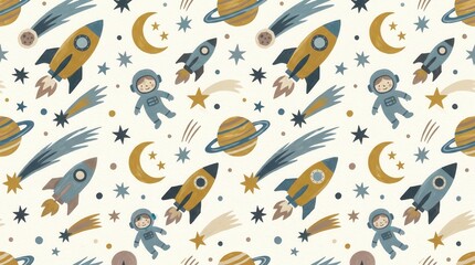 Fototapeta premium Whimsical pattern showcasing happy astronauts, rockets, and planets exploring the night sky