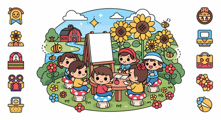 Fototapeta premium Children learning and painting outdoors in a garden setting.