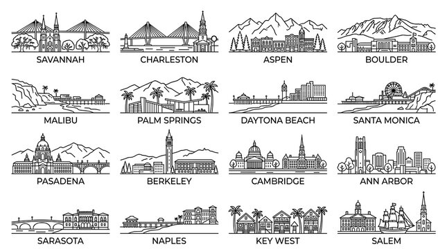 Minimal Black American Coastal and Mountain City Skyline Icon Set, 16 USA Line Art Vector Skylines on White Background