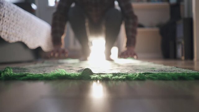 Muslim man performing prostration Sujood on a green prayer rug at home, bowing down in prayer.