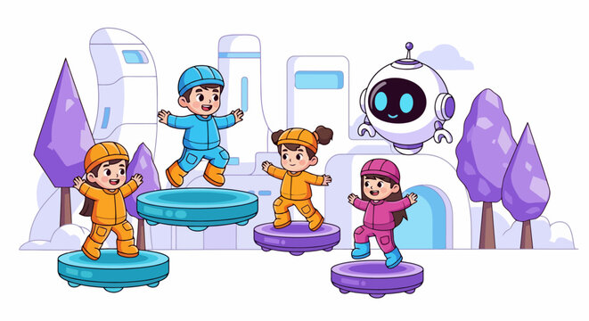 Children Playing With Robot in Futuristic City.