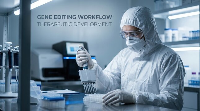 Scientist preparing CRISPR therapy vials in sterile genomics laboratory