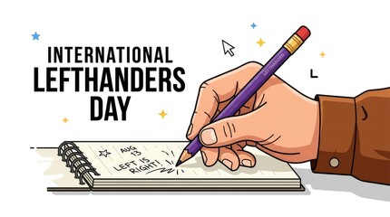 International Lefthanders Day Illustration with Hand Holding Pencil and Notebook on White Background