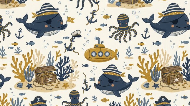 Happy pirate whales, octos & sub explore colorful reefs, find shiny treasure
