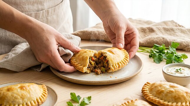 Close-up of hands placing a freshly baked empanada on a plate, revealing a savory filling. Garnished with fresh cilantro and a side of dipping sauce.