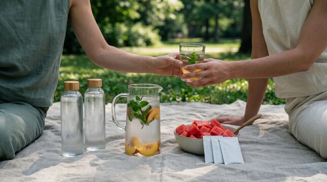 Summer Picnic Hydration Routine With Water Pitcher Fruit And Salt Packets