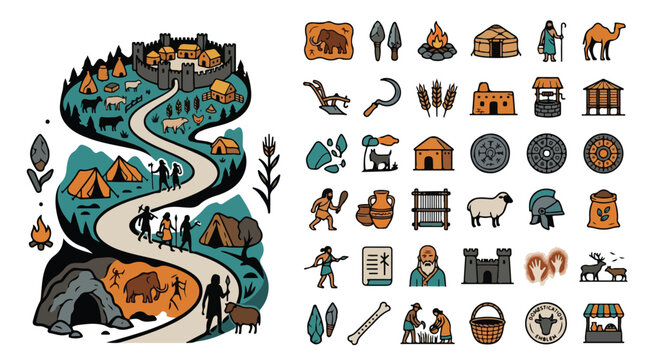 Ancient civilization history vector icons, prehistoric human evolution timeline, medieval village and stone age archaeology collection