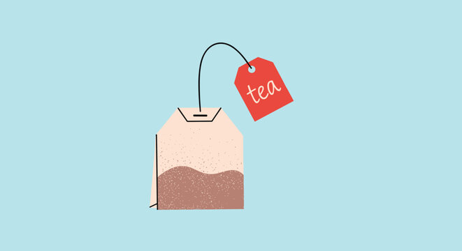 Teabag illustration with a red tag labeled tea shown against a light blue background is perfect for cafe and beverage themes.