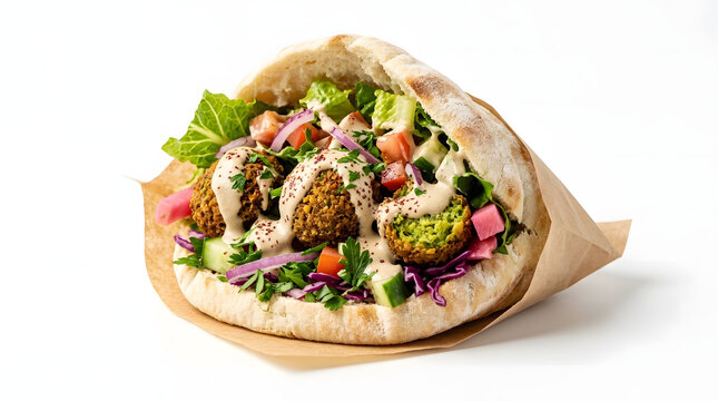 Delicious vegetarian falafel sandwich in pita bread with fresh vegetables and sauce transparent background